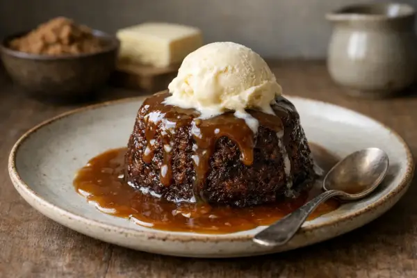 En läcker sticky toffee pudding med en kula vaniljglass och rinnande kolasås.