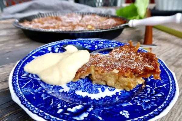 A slice of rhubarb pie with a dollop of cream on a blue and white patterned plate.