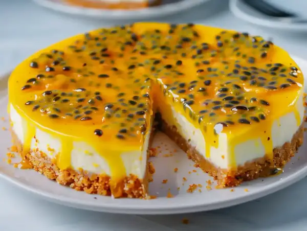 En krämig cheesecake med passionsfrukt som topping, en härlig dessert för alla sinnen.