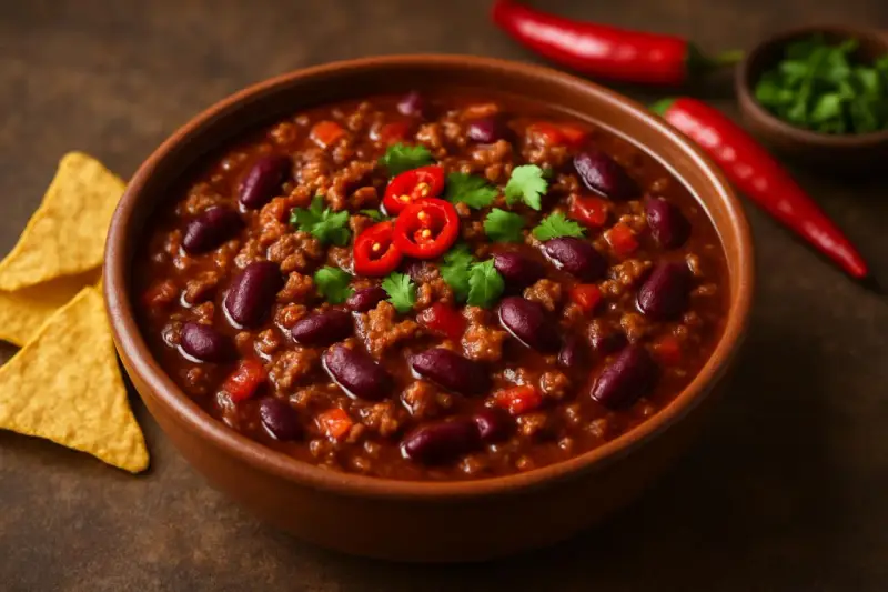 En skål med mustig chili con carne, toppad med färsk koriander och chiliskivor. Tortillachips och hela röda chilifrukter ligger bredvid.
