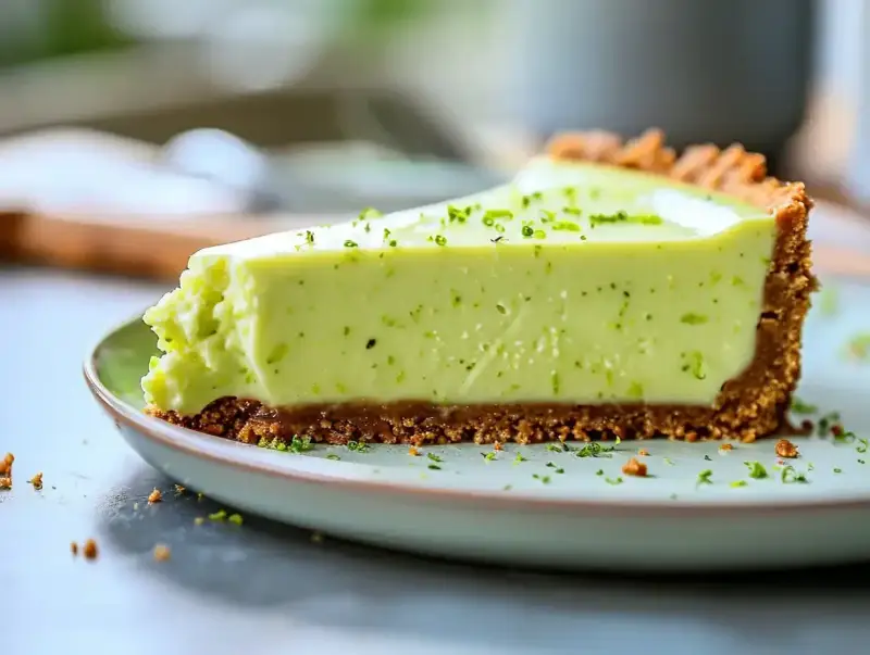 En krämig lime cheesecake med krispig botten, toppad med rivet limeskal. En perfekt dessert för en solig dag.