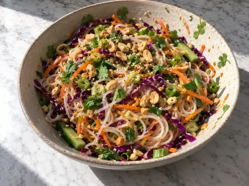 En skål med asiatisk nudelsallad med risnudlar, strimlad morot, rödkål, gurka, jordnötter och koriander.