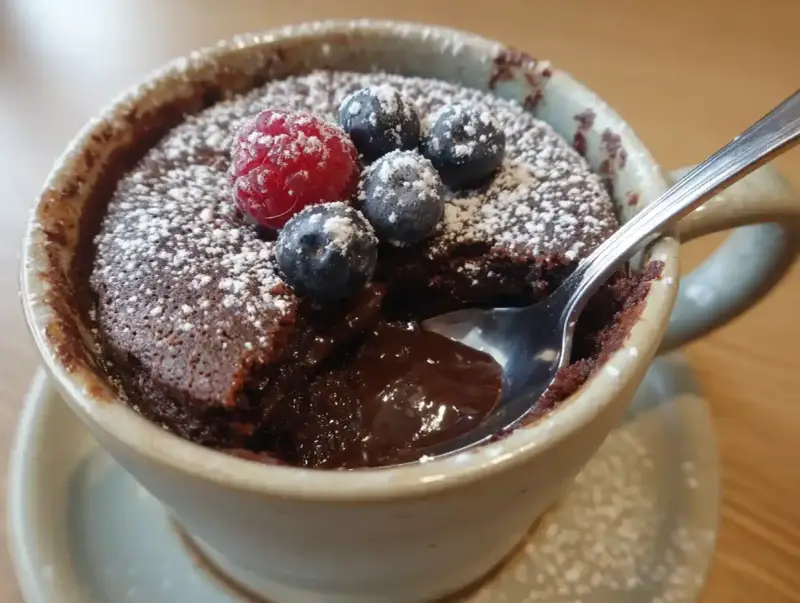 Chokladig mug cake med hallon och blåbär, pudrad med florsocker. En sked dyker ner i den rinnande chokladen.