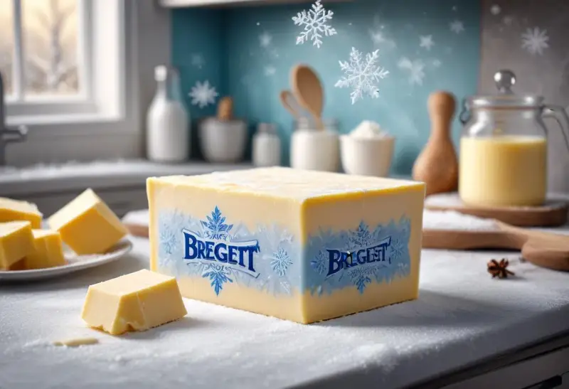 En stor bit Bregott ligger på ett snöigt köksbord. Frågan är: kan man frysa bregott? Snöflingor faller i bakgrunden.