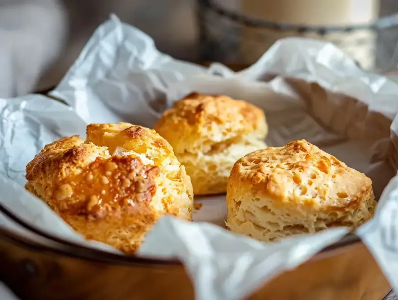 Tre gyllene scones, perfekt att baka i airfryer, ligger på vitt bakplåtspapper i en korg.