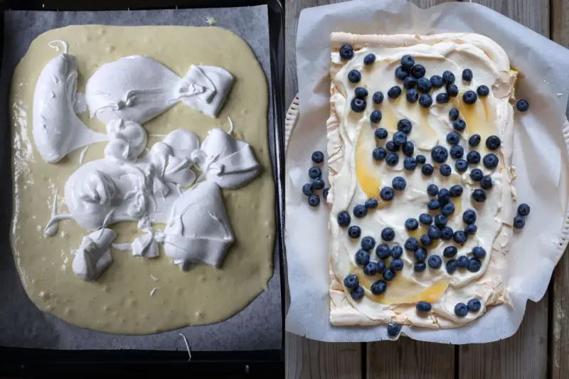 En pinocchiotårta med lemoncurd och blåbär. Till vänster, smeten med marängtoppar. Till höger, färdig tårta.