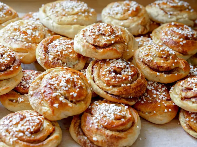 En hög med nybakade kanelbullar, strösslade med pärlsocker. Kanske bakade av Camilla Hamid för en fika.